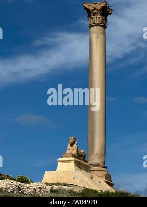 Alessandria. 9 marzo 2024. Questa foto scattata il 9 marzo 2024 mostra il punto panoramico della colonna di Pompeo ad Alessandria, in Egitto. Situata sulla costa mediterranea, Alessandria è la seconda città più grande dell'Egitto e il porto più grande. Crediti: Wang Dongzhen/Xinhua/Alamy Live News Foto Stock