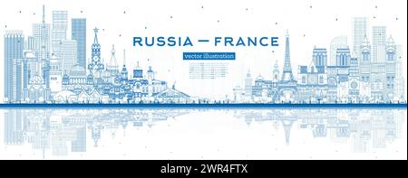 Delinea lo skyline di Russia e Francia con edifici e riflessi blu. Luoghi di interesse famosi. Illustrazione vettoriale. Concetto di Francia e Russia. Illustrazione Vettoriale