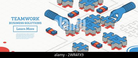 Concetto di lavoro di squadra. Le mani afferrano i pezzi del puzzle e provano a collegarlo. Illustrazione vettoriale. Concetto isometrico di contorno. Soluzione aziendale. Illustrazione Vettoriale
