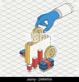 La mano mette una moneta da un dollaro all'interno della valigetta. Concetto di risparmio Isometrico. Illustrazione vettoriale. Investimento e deposito bancario aperto. Una pila di dollari Illustrazione Vettoriale