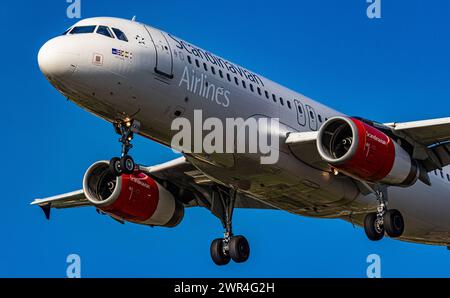 Ein Airbus A320-232 von SAS Scandinavian Airlines befindet sich im Anflug auf die Landebahn 28 des Flughafen Zürich. Registrazione OY-KAN. (Zürich, incl Foto Stock