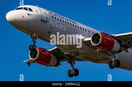 Ein Airbus A320-232 von SAS Scandinavian Airlines befindet sich im Anflug auf die Landebahn 28 des Flughafen Zürich. Registrazione OY-KAN. (Zürich, incl Foto Stock