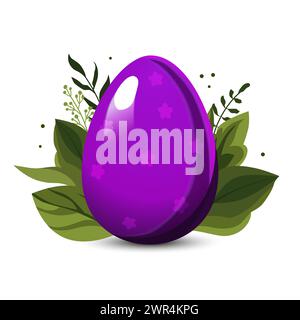 Uovo di Pasqua viola con puntini di polka con foglie verdi e rami sullo sfondo. Illustrazione in stile piatto. Clipart vettoriale per la progettazione di carte, striscioni, Illustrazione Vettoriale