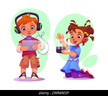Bambini che usano gadget isolati su sfondo bianco. Illustrazione vettoriale di una ragazza che effettua videochiamate sullo smartphone, un ragazzo in cuffia che gioca su tablet, tecnologia intelligente per l'istruzione e il divertimento Illustrazione Vettoriale