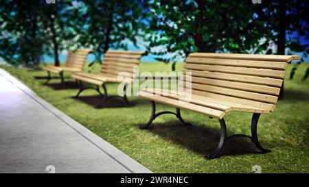 Panchine in legno all'interno di un parco. Illustrazione 3D. Foto Stock