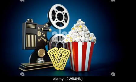 Proiettore di film d'epoca, pop corn, biglietti per il cinema. Illustrazione 3D. Foto Stock