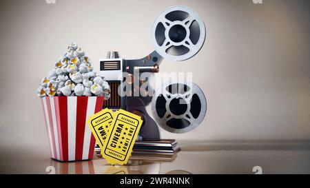 Pop corn proiettore di film d'epoca, biglietti per il cinema. Illustrazione 3D. Foto Stock