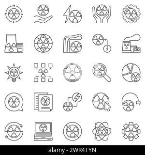 Set di icone di contorno energia nucleare - simboli sottili del vettore di concetto radioattivo e delle radiazioni. Segnali per le energie rinnovabili Illustrazione Vettoriale