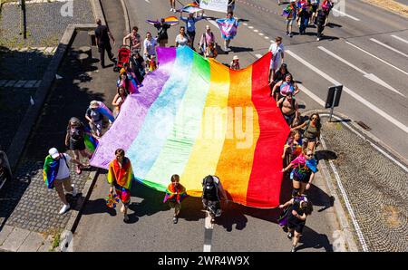 An der Spitz liefen auch mehrere Personen mit einer mehreren Meter grossen Regenbogenfahne mit. AM CSD Freiburg nahmen, bei heissem Sommerwetter, schä Foto Stock