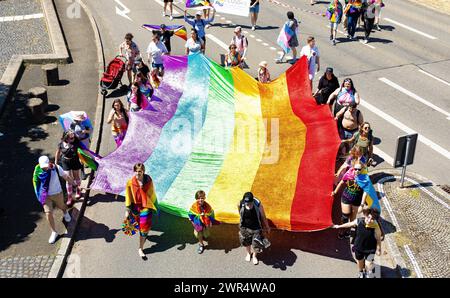 An der Spitz liefen auch mehrere Personen mit einer mehreren Meter grossen Regenbogenfahne mit. AM CSD Freiburg nahmen, bei heissem Sommerwetter, schä Foto Stock