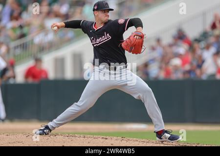 Fort Myers, FL: Il lanciatore dei Washington Nationals Jackson Rutledge (79) lancia un campo durante una partita di allenamento primaverile della MLB contro i Minnesota Twins Foto Stock