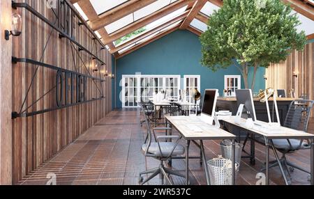 Un grande spazio open Office con pavimenti in legno Foto Stock