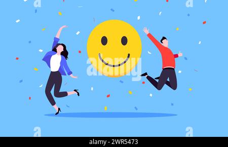 Benessere dei dipendenti ed emozioni positive atteggiamento concetto aziendale illustrazione vettoriale in stile piatto. Gli uomini d'affari entrano con emoticon positive. Ha Illustrazione Vettoriale