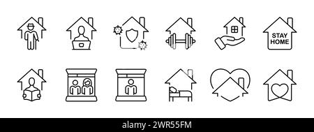 Icona della vita di tutti i giorni. Camminare, lavorare da casa, protezione da virus, sport, vendere una casa, resta a casa, sviluppo personale, vita familiare. Isolati Illustrazione Vettoriale