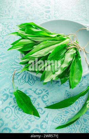 Ramson, aglio selvatico (allium ursinum) sul tavolo della cucina Foto Stock