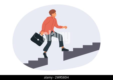 L'uomo d'affari cresce professionalmente salendo le scale e superando gli ostacoli derivanti dai gradini mancanti Illustrazione Vettoriale