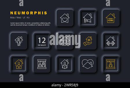 Icona della vita di tutti i giorni. Camminare, lavorare da casa, fare sport, vendere una casa, stare a casa, sviluppo personale, vita familiare. Isolamento, concetto di assistenza sanitaria. Illustrazione Vettoriale