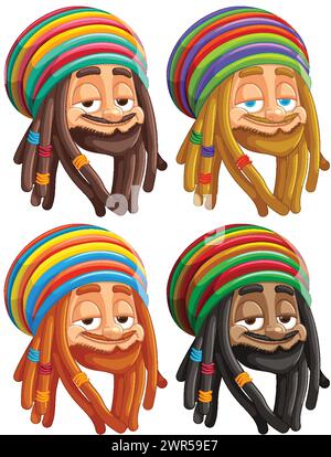 Quattro illustrazioni vettoriali di personaggi rastafariani sorridenti. Illustrazione Vettoriale