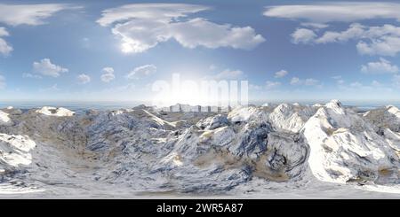 Maestosa catena montuosa coperta di neve sotto un cielo azzurro cristallino a mezzogiorno 360 mappa panoramica dell'ambiente vr Foto Stock