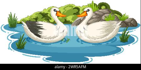 Due cigni galleggiano aggraziatamente su acque tranquille. Illustrazione Vettoriale