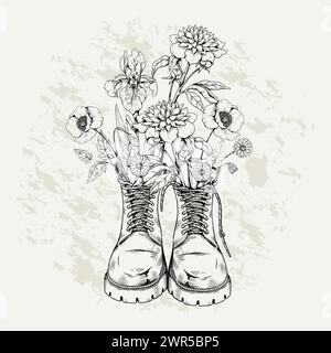 Fiori in stivale vintage. Disegna una scarpa hipster con un giardino selvaggio disegnato a mano. Avventura retrò e passeggiata. Bouquet floreale. Piante in fiore. Calzature primaverili con fiori. Illustrazione del design retrospettivo vettoriale Illustrazione Vettoriale