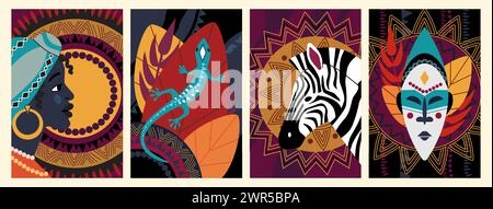 Schema africano. Arte murale etnica dell'Africa. Danza tribale. Zebra o giraffa. Lucertola iguana. Decorazione geometrica in tessuto. Maschera totem. Costume da donna nativo. Ornamento tradizionale. Set banner astratti vettoriali Illustrazione Vettoriale