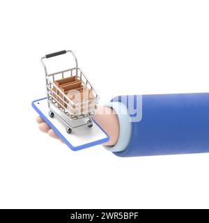 Icona Cartoon Gesture Mockup.Flat uomo d'affari isometrico 3d a mano con borsa della spesa e carrello sullo smartphone. Concetto di shopping online.rendering 3D su bianco Foto Stock