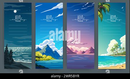 Spiaggia di mare. Vacanze estive sull'oceano con tramonto, sfondo di design paesaggistico per il banner del resort. Notte, tramonto e giorno. Montagne con alberi e nuvole sullo sfondo. Set di design per poster verticali vettoriali Illustrazione Vettoriale