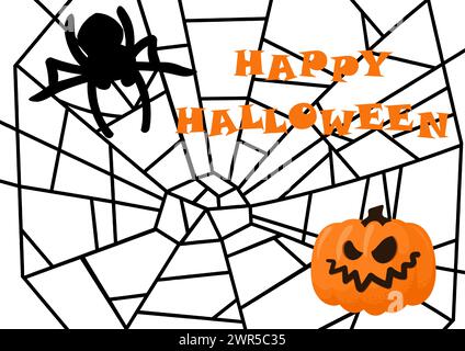 Buon striscione di Halloween. Arancio, spaventosa zucca e ragno sulla ragnatela. Semplice disegno di stile. Invito per le vacanze horror autunnali e poster per feste. Modello di tessera per le feste. Illustrazione vettoriale Illustrazione Vettoriale