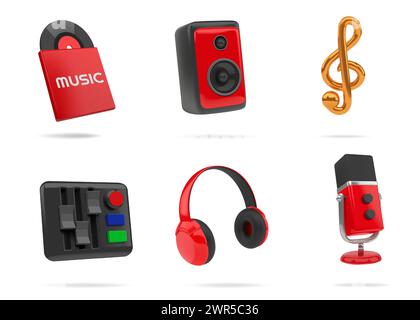 Icone audio 3D. Apparecchiature musicali. Microfono rosso. Cuffie e altoparlante. Nota musicale. Microfono radio. Console amplificatore stereo. Disco delle colonne sonore. Cuffia elettronica. Set di strumenti audio per rendering vettoriale Illustrazione Vettoriale