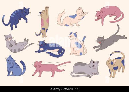 Set Cat. Simpatici, divertenti e colorati gatti in pose diverse. Disegno in stile Doodle. Adorabili animali domestici. Dormire e correre gattino. Animali domestici felici collezione disegnata a mano. Design del poster. Illustrazione vettoriale Illustrazione Vettoriale