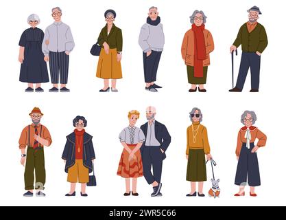 Anziani. Famiglia anziana, donna, uomo e coppia, nonna felice e moda matura, nonno e nonna in pensione in piedi. Illustrazione isolata in stile cartoni animati, set vettoriale Illustrazione Vettoriale