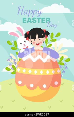 Illustrazione vettoriale di tre carte di pasqua in uno stile piatto alla moda con fiori primaverili, uova e coniglio. Tavolozza di colori brillanti Illustrazione Vettoriale
