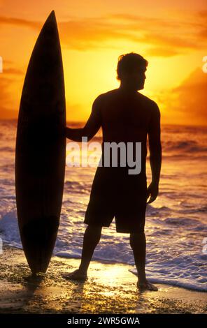 Surfista con tavola da surf, sagomato contro il sole del tramonto sulla costa nord di Oahu, HI, USA. Foto Stock