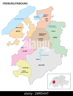 Mappa amministrativa del cantone di Friburgo, Svizzera Foto Stock