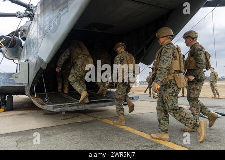 US Marines con il 2nd Battalion, 8th Marine Regiment, salgono a bordo di un elicottero CH-53E Super Stallion con Marine Heavy Helicopter Squadron (HMH) 466 Foto Stock