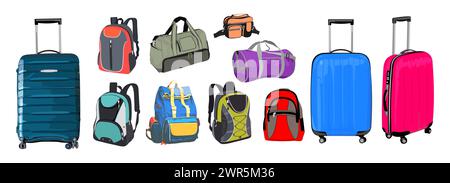 Set di diversi oggetti vettoriali per bagagli da viaggio. Illustrazione Vettoriale