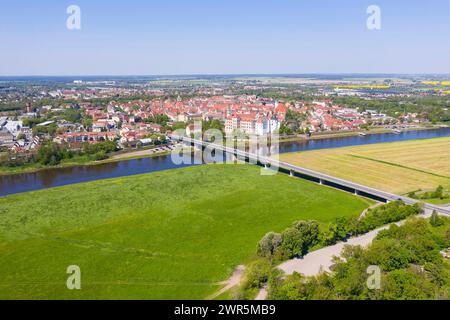 Luftbild mit Elbe, Elbbrücke, Schloss Hartenfels und Altstadt, Torgau, Sachsen, Deutschland *** Vista aerea con Elba, ponte sull'Elba, castello di Hartenfels Foto Stock