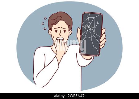 L'uomo reagisce emotivamente al telefono rotto portando la mano alla bocca e sperimentando shock dovuto a un guasto. Un utente con smartphone rotto deve sostituire la matrice del display dai dipendenti dei centri di assistenza Illustrazione Vettoriale