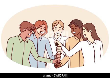Felice e diversificato team di dipendenti che festeggia il successo toccando con pugni al centro e godendo di lavorare insieme. Le persone positive collaborano per ottenere i migliori risultati e soddisfare i KPI Illustrazione Vettoriale