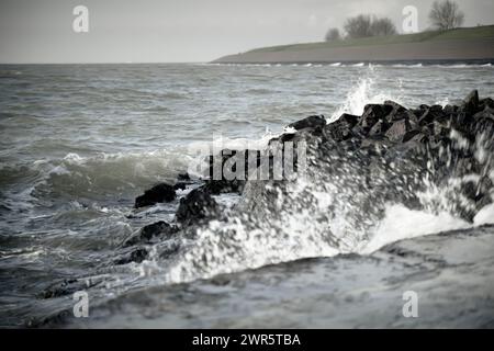 Onde tempestose lungo la costa del mare di Wadden, patrimonio dell'umanità dell'UNESCO, presso l'antico porto VOC del villaggio "Oudeschild" sull'isola di Texel, Paesi Bassi Foto Stock