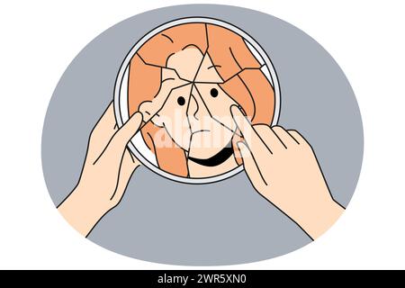 Donna guardare in specchio rotto soffrono di disturbo bipolare. La ragazza infelice lotta con disturbo di personalità. Problemi mentali e psicologici. Illustrazione vettoriale. Illustrazione Vettoriale