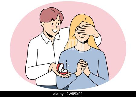 Amare uomo vicino eccitato gli occhi della donna fanno la proposta di matrimonio. Ragazzo sorridente sorpresa ragazza con anello di fidanzamento. Svezzamento e rapporto. Illustrazione vettoriale. Illustrazione Vettoriale