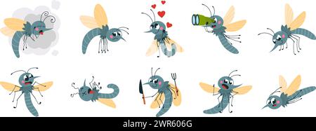 Divertenti zanzare. Zanzara isolata in varie pose e con diverse emozioni. Insetto stagionale parassita dei cartoni animati, simpatici personaggi vettoriali di classe Illustrazione Vettoriale