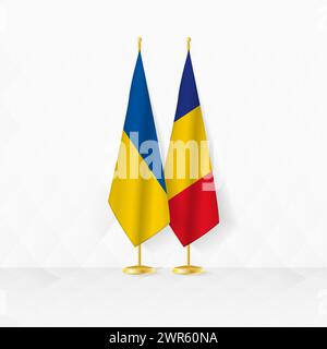 Bandiere dell'Ucraina e della Romania sul banco di bandiera, illustrazione per la diplomazia e altri incontri tra Ucraina e Romania. Illustrazione vettoriale. Illustrazione Vettoriale