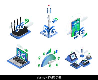 5g concetto isometrico. Tecnologie Internet, laptop e torre di comunicazione. Router e servizio cloud, controllo della velocità, scene vettoriali pithy digitali Illustrazione Vettoriale