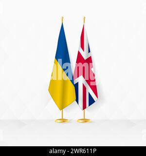 Bandiere dell'Ucraina e del Regno Unito sul banco di bandiera, illustrazione per la diplomazia e altri incontri tra Ucraina e Regno Unito. Illustrazione vettoriale. Illustrazione Vettoriale