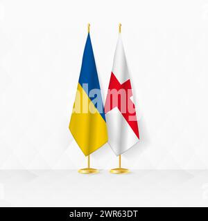 Bandiere di Ucraina e Inghilterra sullo stativo a bandiera, illustrazione per diplomazia e altri incontri tra Ucraina e Inghilterra. Illustrazione vettoriale. Illustrazione Vettoriale