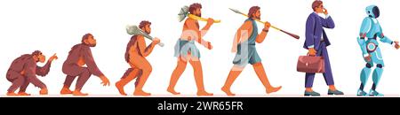 Fasi dell'evoluzione umana. Homo sapiens progressione scimmia antenato umano al futuro uomo d'affari o cyborg, primo uomo di caverna e uomo moderno cartoni animati vettore illustrazione dell'evoluzione del progresso dello sviluppo Illustrazione Vettoriale