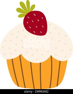 Grazioso cupcake boho con fragola in stile infantile. Dolce dolce per biglietti per bambini, baby shower, invito, poster. Illustrazione vettoriale Illustrazione Vettoriale